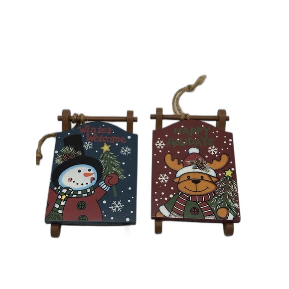 Set Of 2 Creative Design Limited Wood Sleds 2012 Christmas Ornaments 4.5" X 3" - Picture 7 of 8